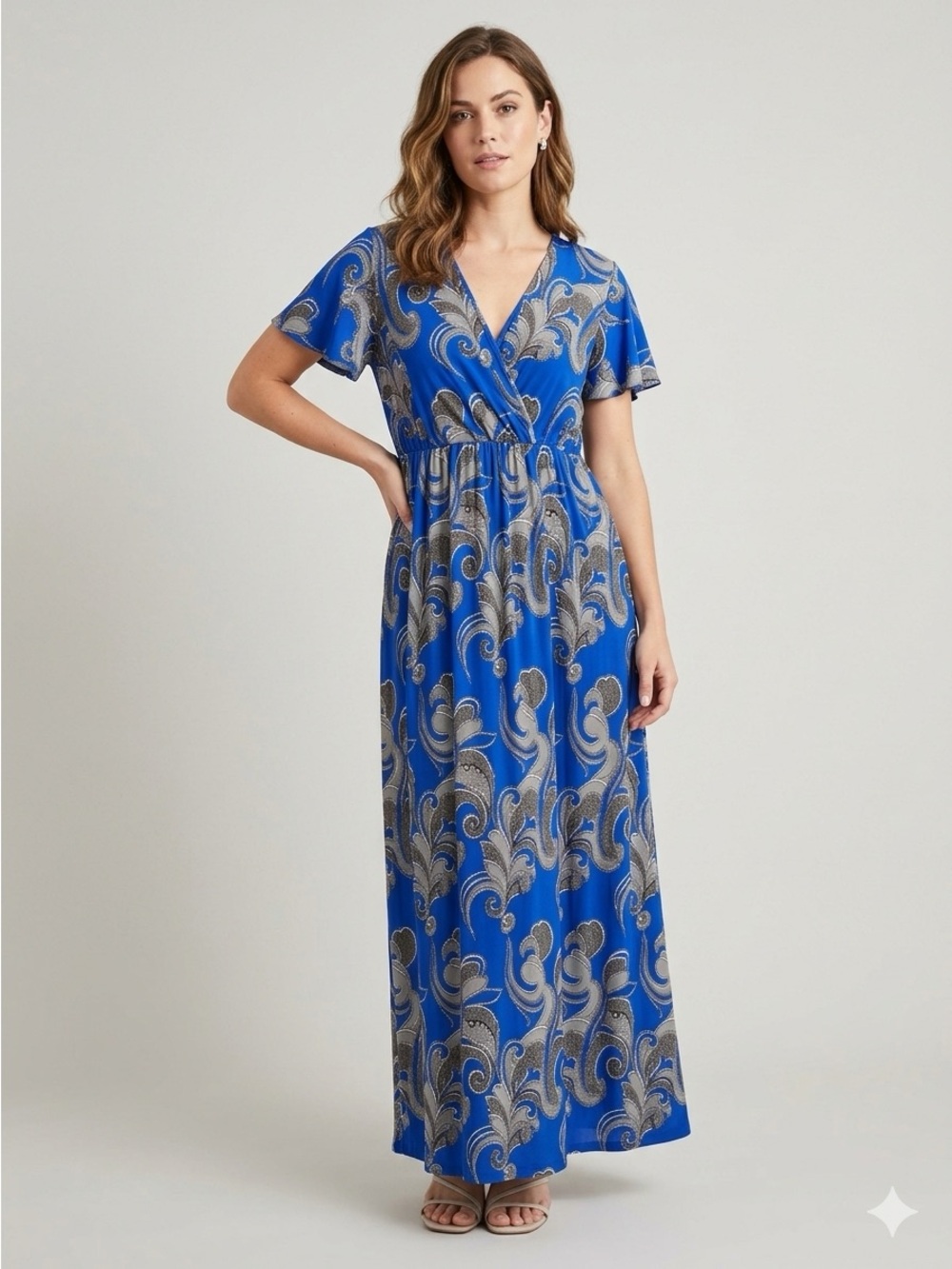 Blue Paisley Wrap Maxi Dress with Elastic Waist
